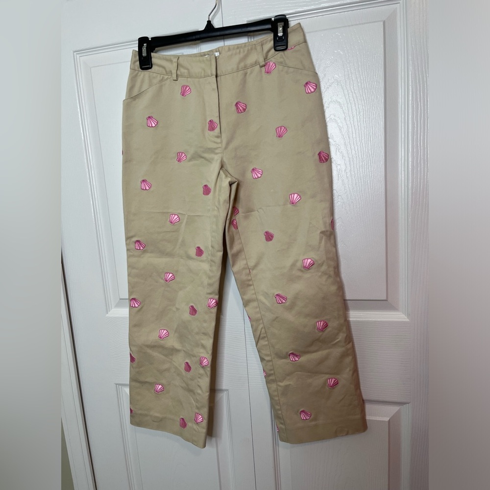 Lilly Pulitzer Khaki Color with Embroidered‎ Pink Shells Long Pants Size 2